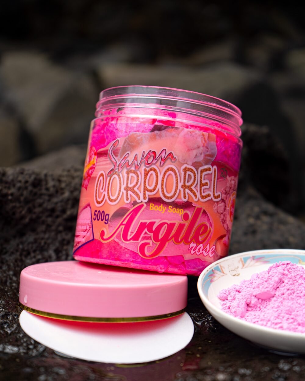 SAVON CORPOREL à base d’ARGILE ROSE, extraits de COLLAGÈNE et huile de ROSE BIO.